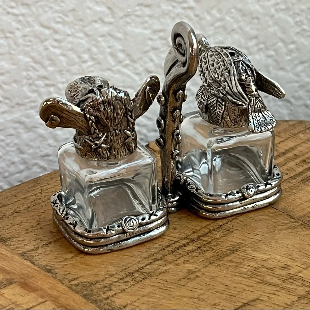 AST Pewter Salt Pepper Shakers Animal Head Glass Cow Bull Crow Bird of Prey